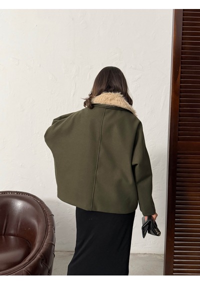 Verymoda Peluş Yakalı Dügmeli Kaşe Mont F2048 Haki