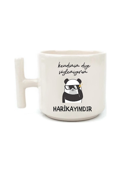 Panda Motto Söz Beyaz Rengi Eğlenceli Yazılı Esprili Özel Tasarım El Yapımı T Kulplu Fincan