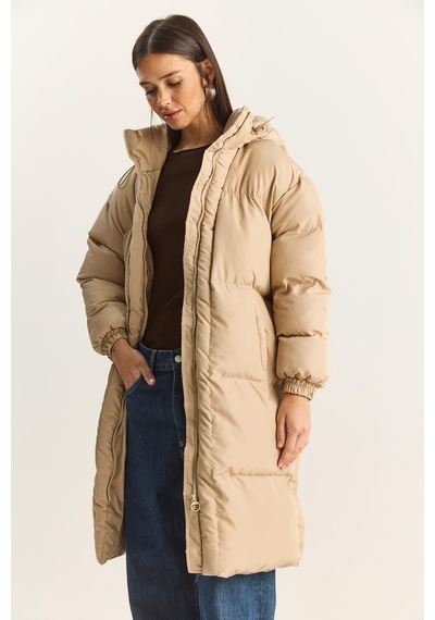 Shade Kadın Cep Detaylı Astarlı Kapüşonlu Uzun Puffer Mont 1129 60283868 - Bej