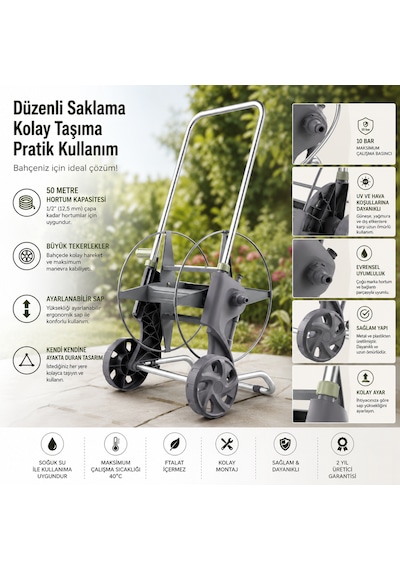 Tekerlekli Hortum Makarası 50 Metre Kapasiteli 1/2" 12,5 Mm Ayarlanabilir Saplı Bahçe Hortum Sarma Arabası