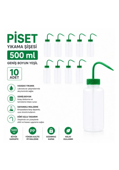 Piset 500 Ml - Yıkama Şişesi - Geniş Boyun Yeşil 10 Adet