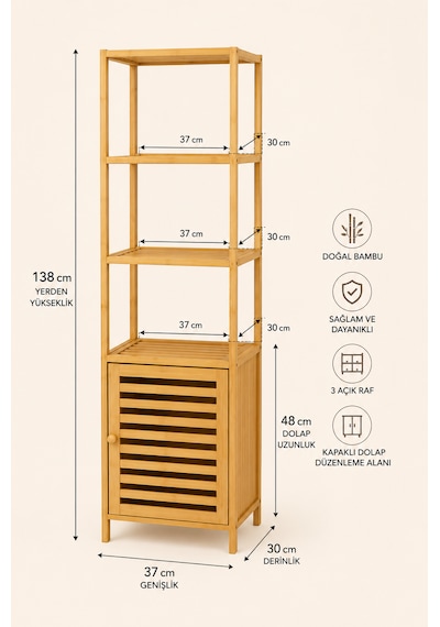 Robin Home Bambu Tek Kapaklı 4 Raflı Çok Amaçlı Düzenleyici Organizer Dolap Bej