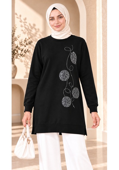 Unika Boutique Kadın Daire Taş Detaylı Uzun Sweatshirt Tunik Çok Renkli