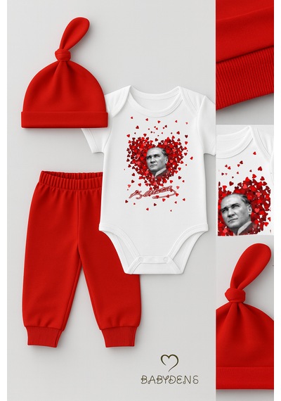 Babyden's Atatürk Temalı Kısa Kollu 3 Lü Yenidoğan Bebek Takımı Body + Pantolon + Bere Kırmızı-beyaz Pamuklu Kırmızı - Beyaz