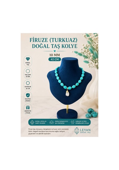 Firuze Turkuaz Doğal Taş Kolye 10 Mm 42 Cm Kadın Sevgiliye Hediye Mavi Mavi