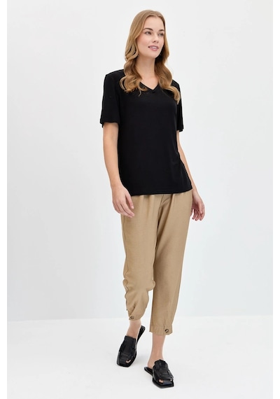 Desen Triko Kadın V Yaka Flamlı Kumaş Basic T-shirt Kmy24085 Siyah