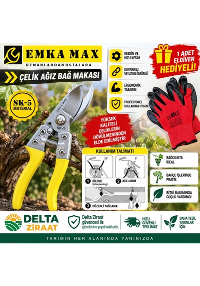 Emka Max Çelik Ağız Bağ Makası Sk-5 Profesyonel Budama Makası 1 Adet Eldiven