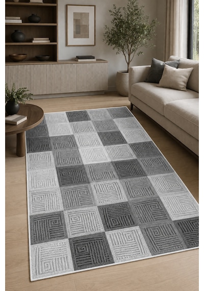 Modern Dijital Baskılı Halı Makinede Yıkanabilir Kaymaz Taban Oturma Odası Salon Ve Yolluk Halı Antrasit