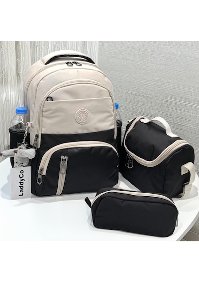 Suya Dayanıklı İlk Okul Çantası 3'lü Seti Unisex Çocuk İlkokul Çantası Ldc-8010 Bej-siyah Açık Bej