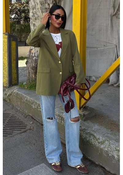 Uzun Kollu Ve Düğme Kapamalı Kruvaze Yakalı Oversize Blazer Kadın Keten Ceket Haki Haki