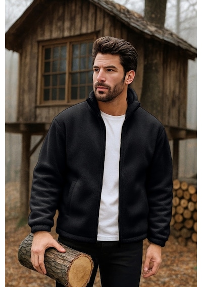 Ghassy Co. Erkek Pro Termal İç Dış Sherpa Sonbahar Kış Tam Fermuarlı Peluş Sweatshirt Siyah