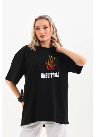 Modi Unisex Bisiklet Yaka Baskılı Oversize T-shirt - Siyah - Mymg106705