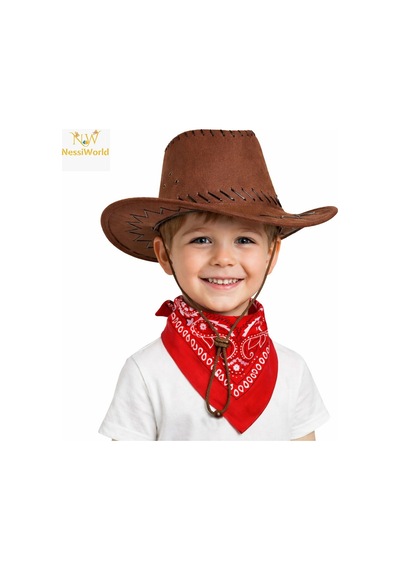Çocuk Kovboy Şapka Kahverengi & Kırmızı Bandana Seti
