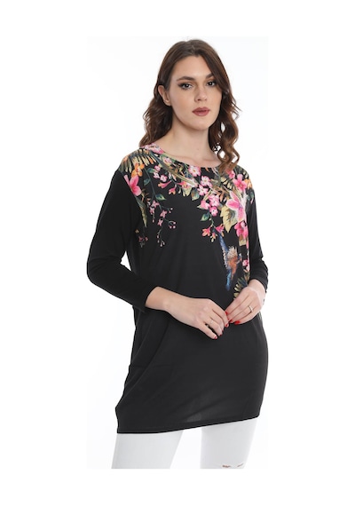 Ella Camelia Kadın Çiçek Desenli Uzun Bluz 5010069 Siyah