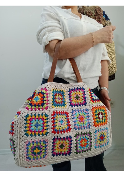 Embahandmde Renkli El Örgüsü Xl Plaj Çantası Astarlı Büyük Boho Tote Bag Yazlık Kadın Omuz Çantası Açık Bej
