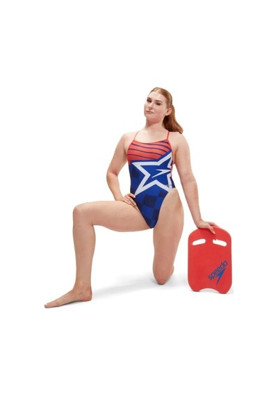 Speedo Digital Baskılı V Back Kadın Yüzücü Mayosu Mavi-turuncu Mavi
