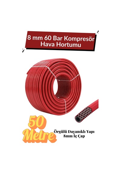 50 Metre Kompresör Hava Hortumu 8 Mm Termo Hortum Kırmızı Thermo Hortum Basınca Dayanıklı Hortum