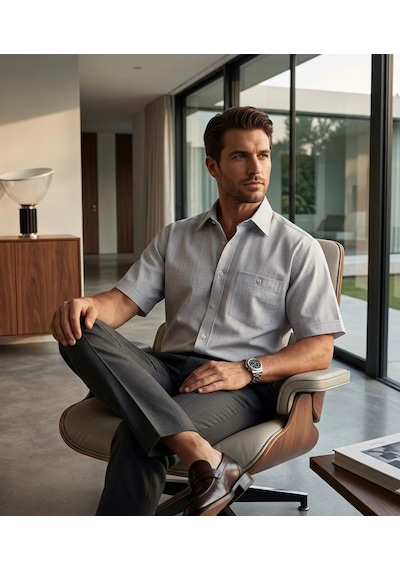 Eren Style Linen Keten Klasik %100 Cotton Kısa Kollu Terletmeyen Gömlek Gri