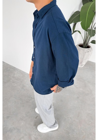 Lacivert Oversize Fresh Keten Gömlek Lacivert