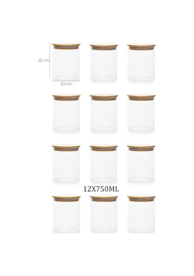 Porsima 1-4 Bambu Vakumlu Kapaklı Yuvarlak Cam 12li Kavanoz Seti Saklama Kabı 750ml 10x12cm