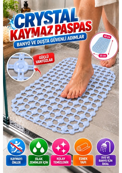 Crystal Kaymaz Vantuzlu Banyo Paspası Mavi 68x35 Cm Islak Zemin Kaydırmaz Küvet Duşakabin Pvc Matı