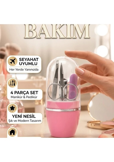4 Parça Pembe Manikür Ve Pedikür Tırnak Bakım Seti Taşınabilir Kapsüllü Tasarım