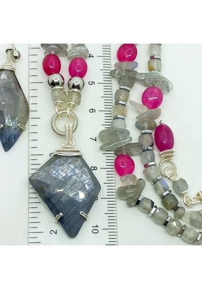 2564 Kök Safir Labradorit Ceyd Hematit El Yapımı Kolye Gri - Füme