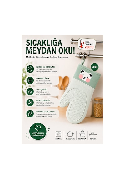 En Çok Tercih Edilen Sevimli Panda Desenli Silikon Mutfak Eldiveni,28,5 Cm,ısıya Dayanıklı, Kaymaz, Su Geçirmez Silikon Tutacak, Mutfak-fırın Eldiveni Yeşil