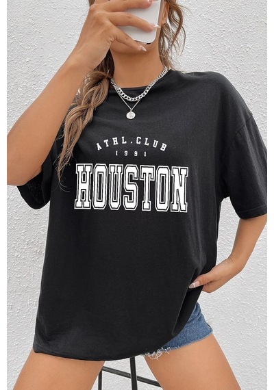 Flood Of Style Unisex Houston Baskılı T-shirt Siyah
