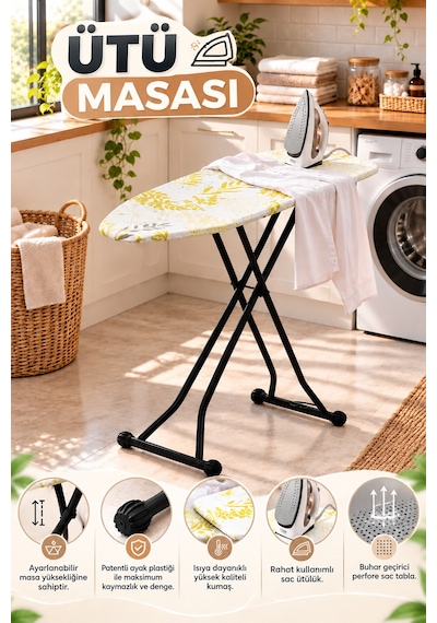 Porsima 10089 Katlanabilir Ütü Masası 33x110 Cm - Kapı Arkası Askı Aparatlı, Yükseklik Ayarlı, Buhar Geçirgen Perfore Tablalı Ütü Masası Beyaz / Sarı