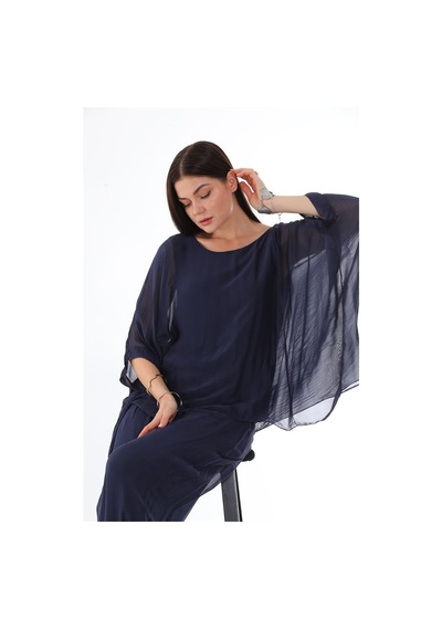 Bohem Stil İtalyan Yarasa Kol İpek Bluz & Pantolon Takım-8767 Lacivert