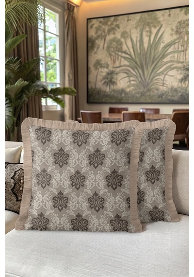 Klasik Damask Tasarımlı Saçaklı Yastık Kılıfı - Avangart Osmanlı Vizon Krem Püsküllü Kırlent Kılıfı Mor