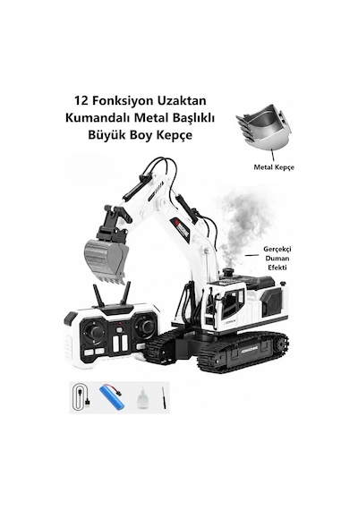Dev Boy 40 Cm. Duman Çıkaran 12 Kanal 680 Derece Dönebilen Oyuncak Kepçe Metal Uzaktan Kumandalı Şarjlı Dozer Beyaz