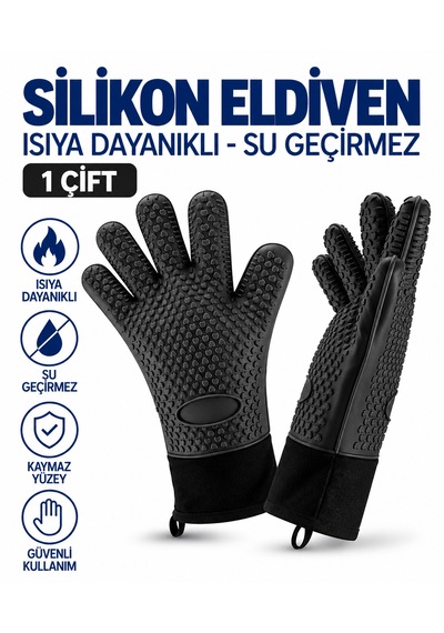 Silikon Eldiven - 1 Çift - Isıya Dayanıklı - Su Geçirmez Siyah