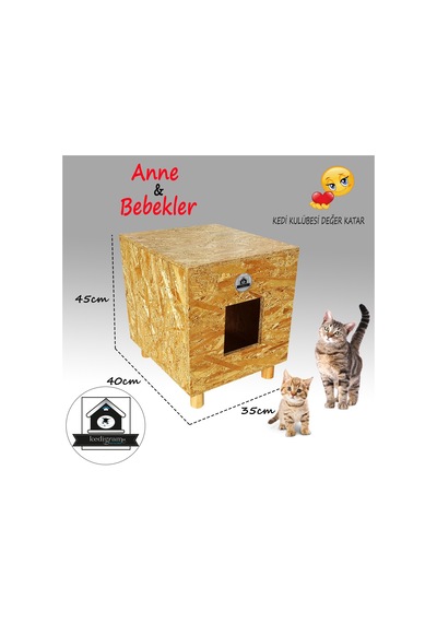 Kedi Kulübesi Lüks Vernik Korumalı Büyük Ahşap Kedi Evi 45 x 40 x 35 CM