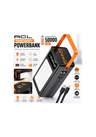 Pw-125 50.000 Mah Solar Powerbank Güneş Enerjili Dahili Kablolu Led Fenerli Type-c Usb Taşınabilir Şarj Cihazı Çok Renkli