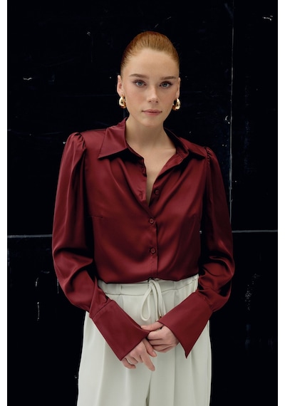 Sateen Vatkalı Saten Gömlek - Bordo-136728 Bordo