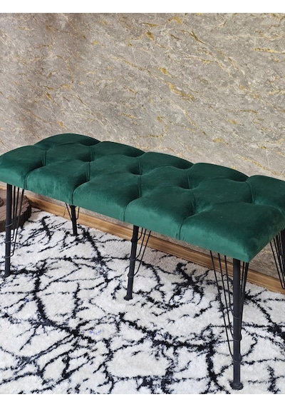 Zafir Metal Siyah Tel Ayaklı 100 Cm Puf Bench - Puf - Bench - Oturak - Mutfak Oturağı - Antre Oturağı Yeşil