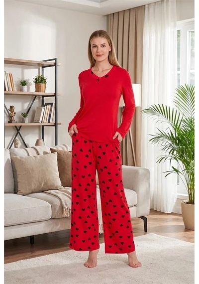Go İthalat Kadın Şık Tasarım Desenli Geniş Paçalı Yumuşak Dokulu Viskon Kumaş V Yaka 2'li Pijama Takımı Kırmızı