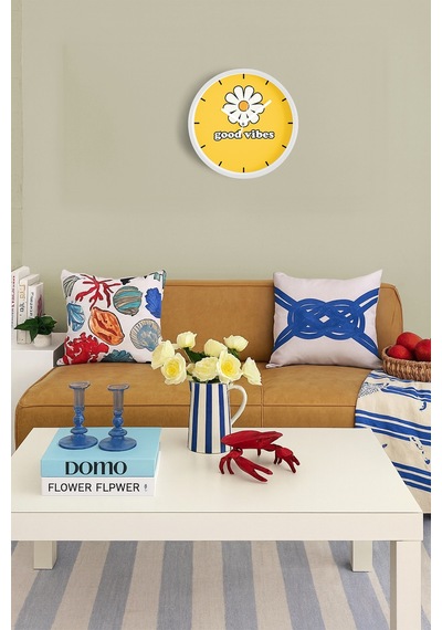 Modern Yazılı Papatya Tasarım - '' Good Vibes '' Duvar Saati - 35cm - Önü Camlı Beyaz Kasa Beyaz