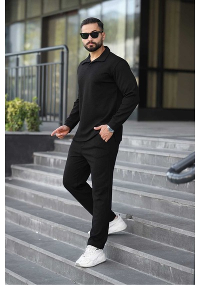 Mfz Giyim Petekli Alt Üst Pantolon Ve Patlı Yakalı Erkrk Sweat Takımı Siyah