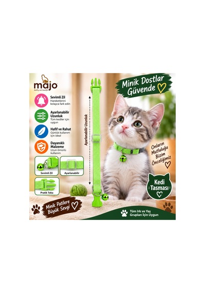 Baron Pet Kedi Boyun Tasması Zilli Ayarlanabilir Güvenlik Tokalı Dokuma - Yeşil