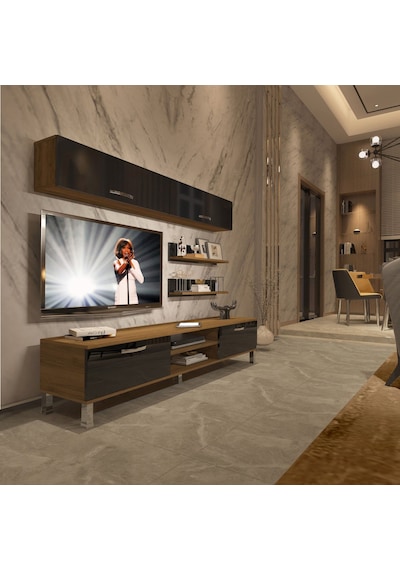 Decoraktiv Eko 5 Mdf Dvd Krom Ayaklı Tv Ünitesi Tv Sehpası Pera - Siyah