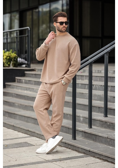 Madmext Camel Bisiklet Yaka Erkek Kadife Takım E7337 Camel