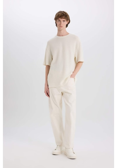 Defacto Boxy Fıt Bisiklet Yaka Kısa Kollu Tişört C2726AX24SM Ekru