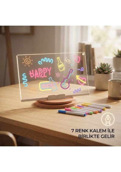 Premium Dıy Led Yazı Panosu - Gece Lambası Şeffaf Panel Şık Aydınlatma Renkli Kalem Çok Renkli