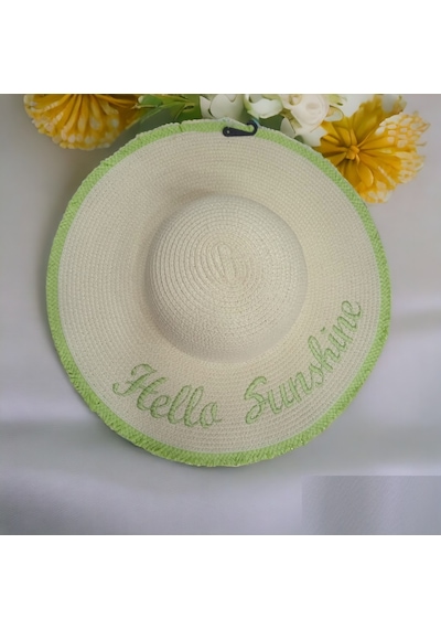 Kadın Hasır Plaj Şapkası Natural Green Sute Bucket Hat Plaj Havuz Bej - Yeşil