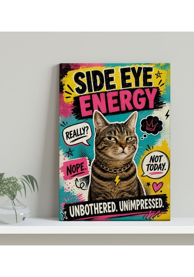 Bk Gift Side Eye Energy Yazılı Zincir Kolyeli Tekir Kedi Pop Art Renkli Kanvas Duvar Tablosu 50x70 Cm