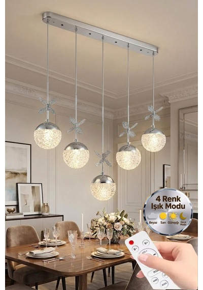 Güneş Model 5"li Gümüş 3 Renk Modu Yemek Masası Oturma Çocuk Yatak Odası Modern Ledli Avize