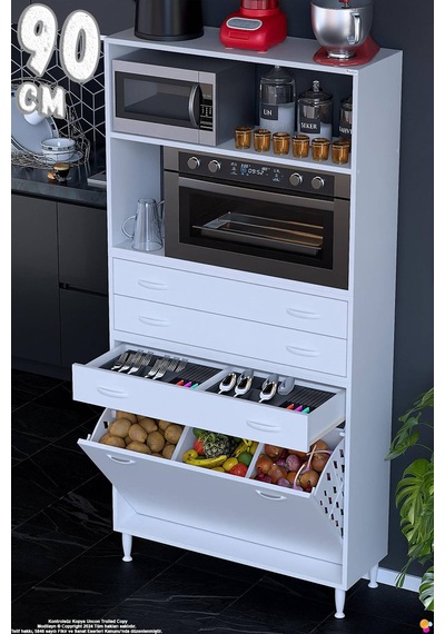 Kumsal 90 Cm Fırın Dolabı Beyaz 3 Çekmeceli Sepetli Çok Amaçlı Mutfak Kiler Dolabı 90x194x32 Cm Kumsal 90 Cm Fırın Dolabı Beyaz 3 Çekmeceli Sepetli Çok Amaçlı Mutfak Kiler Dolabı 90x194x32 Cm